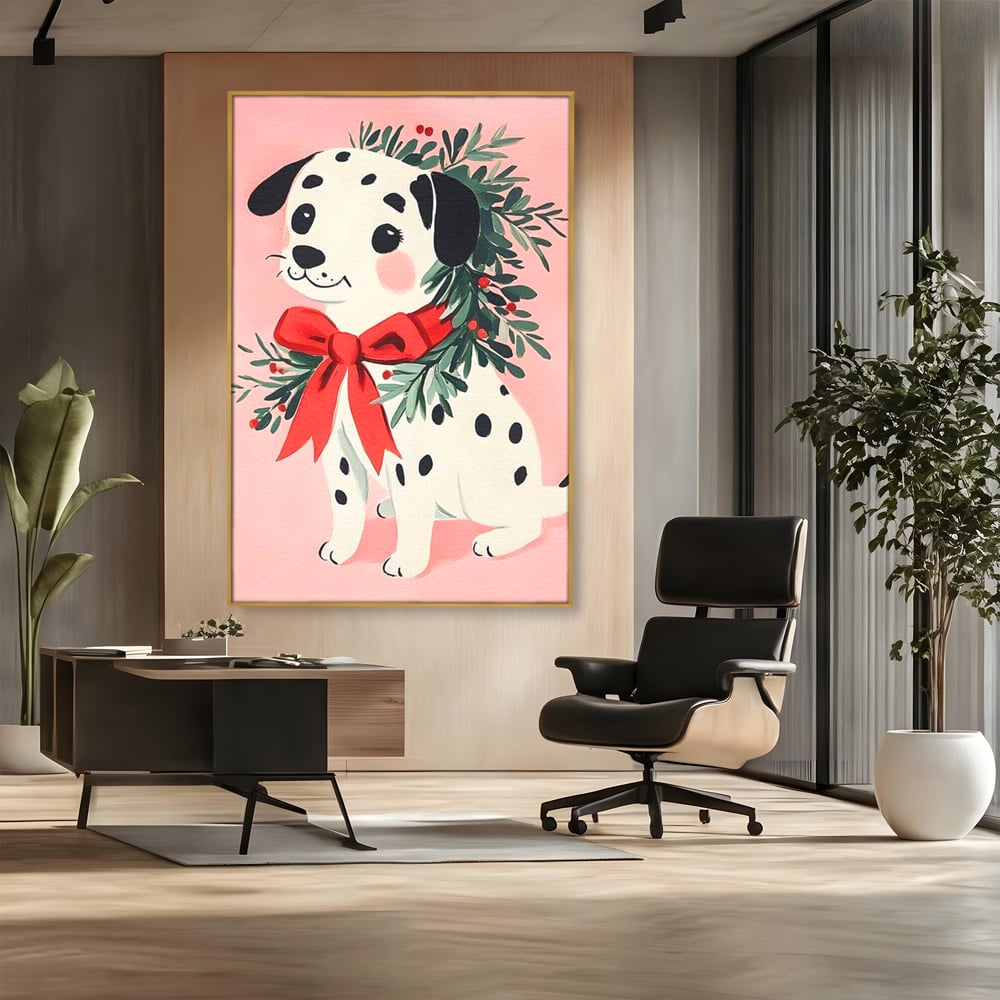 Tablou canvas cu tablou canvas cu catel dalmatian, in rama de aluminiu auriu, pe perete intr-un birou